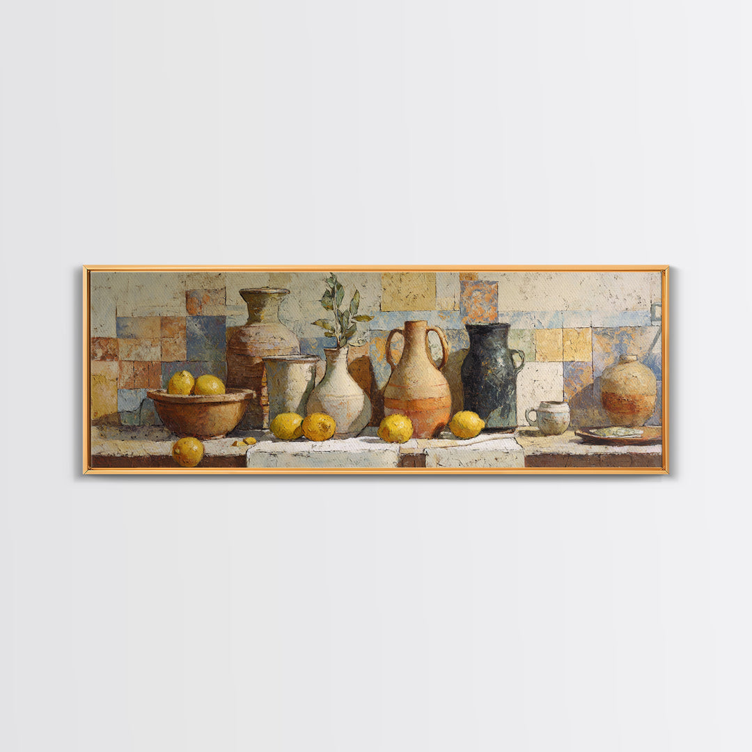 Warm Mediterranean Lemon Still Life Canvas Print, Living Room Art, Oil Painting, Living Room Decor, Abstract Art, Living, LIR-3x1-34