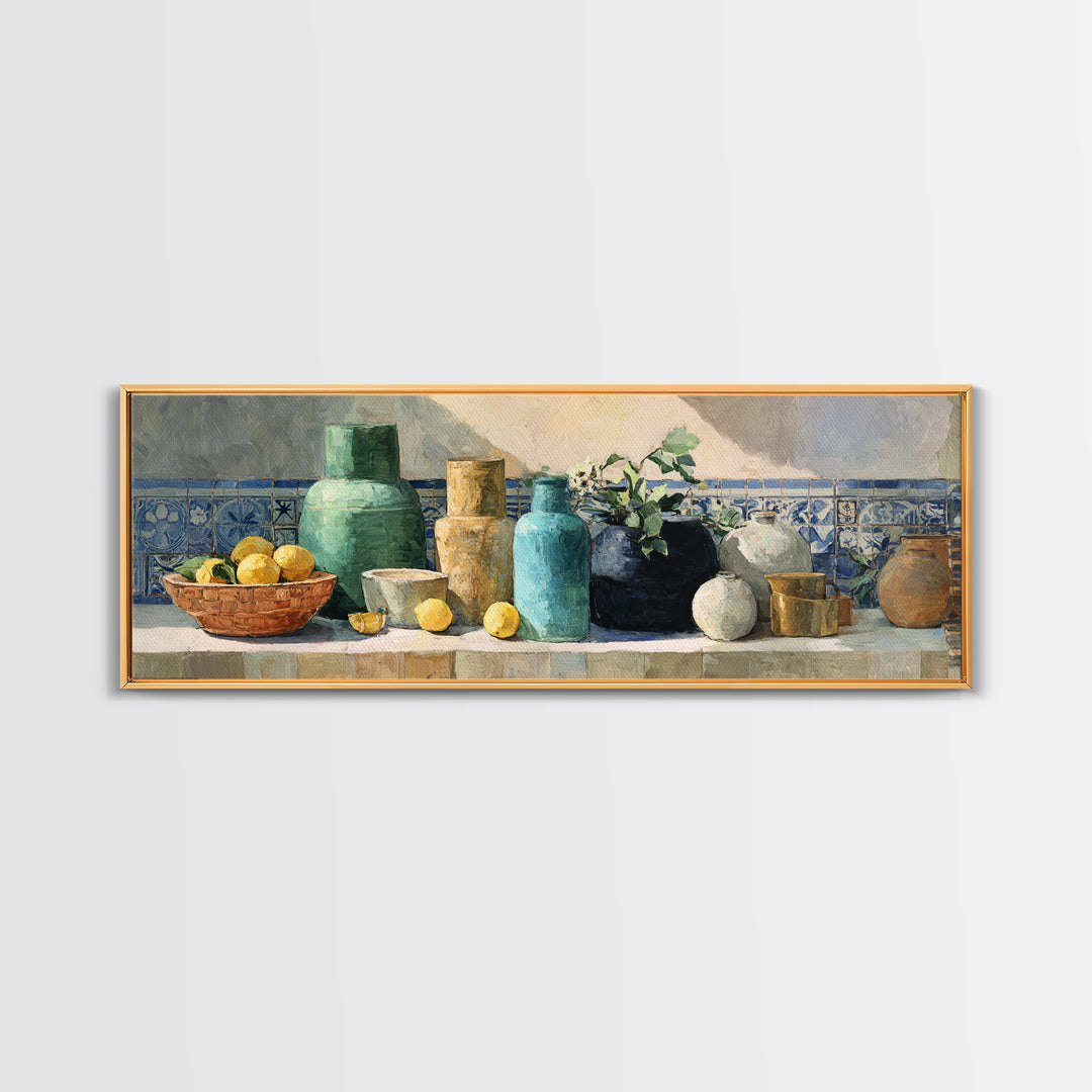 Warm Mediterranean Lemon Still Life Framed Canvas Print, Living Room Art, Apartment Decor, Living Room Decor, Fine Art, Living, LIR-3x1-82