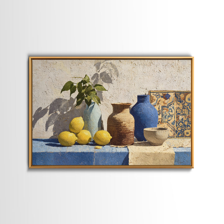 Warm Mediterranean Lemon Still Life Canvas Print, Living Room Art, Art Nouveau, Living Room Decor, Oil Painting, Living, LIR-3x2-22
