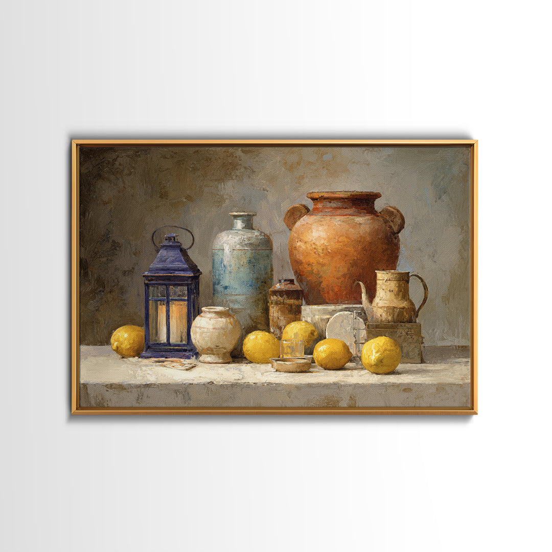 Warm Mediterranean Lemon Still Life Framed Canvas Print, Living Room Art, Printable Art, Living Room Decor, Fine Art, Living, LIR-3x2-46