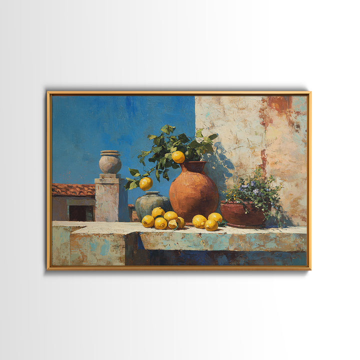 Warm Mediterranean Lemon Still Life Canvas Print, Living Room Art, Dopamine Decor, Living Room Decor, Abstract Art, Living, LIR-3x2-94