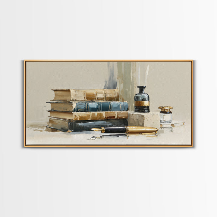 Dignified Law Books and Fountain Pen Still Canvas Print, Law Office Art, Minimalist Decor, Office Decor, Fine Art, Counsel, LOA-2x1-70