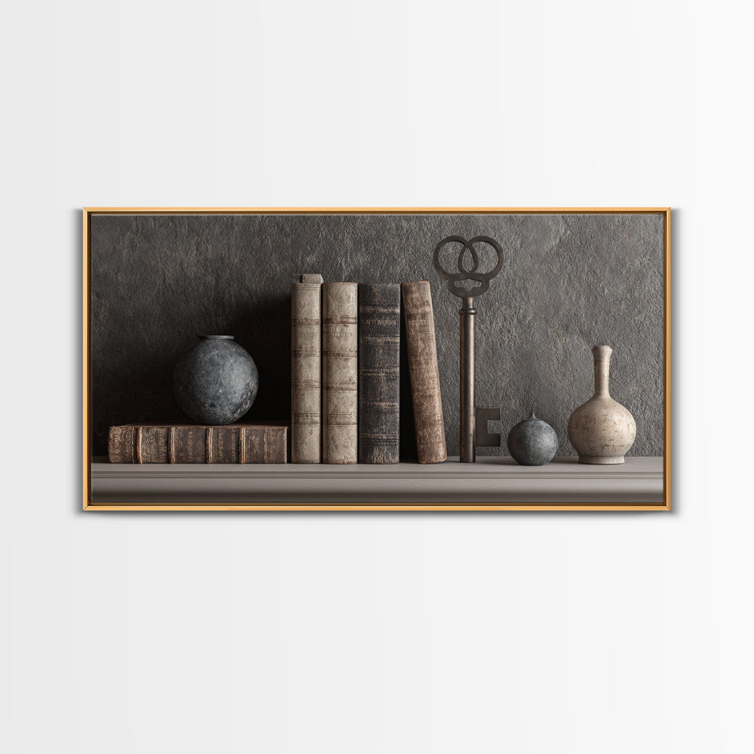 Antique Key and Leather Bound Books Arrangement Framed Canvas Print, Law Office Art, Poster Print, Office Decor, Counsel, LOA-2x1-99