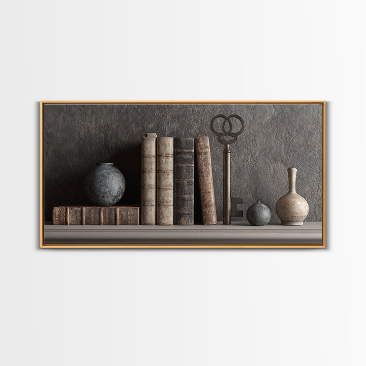 Antique Key and Leather Bound Books Arrangement Framed Canvas Print, Law Office Art, Poster Print, Office Decor, Counsel, LOA-2x1-99
