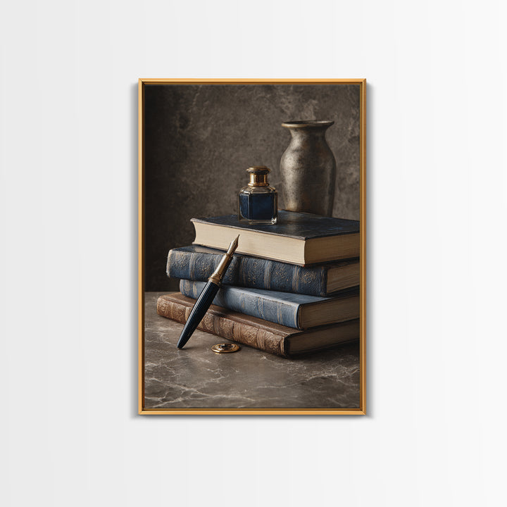 Dignified Law Books and Fountain Pen Still Framed Canvas Print, Law Office Art, Luxury Decor, Office Decor, Fine Art, Counsel, LOA-2x3-34