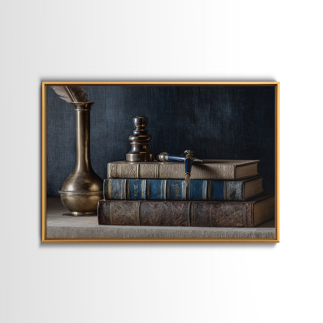 Dignified Law Books and Fountain Pen Still Framed Canvas Print, Law Office Art, Printable, Office Decor, Fine Art, Counsel, LOA-3x2-6