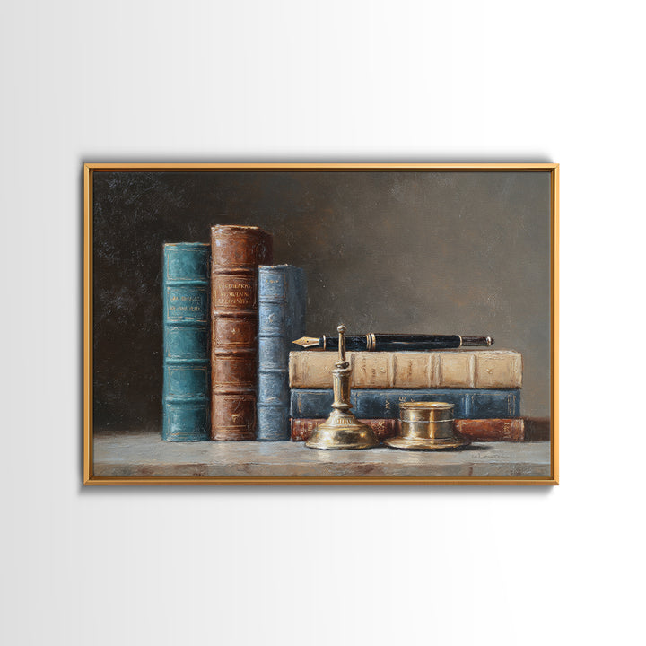 Dignified Law Books and Fountain Pen Still Framed Canvas Print, Law Office Art, Gifts for Lawyers, Office Decor, Counsel, LOA-3x2-78