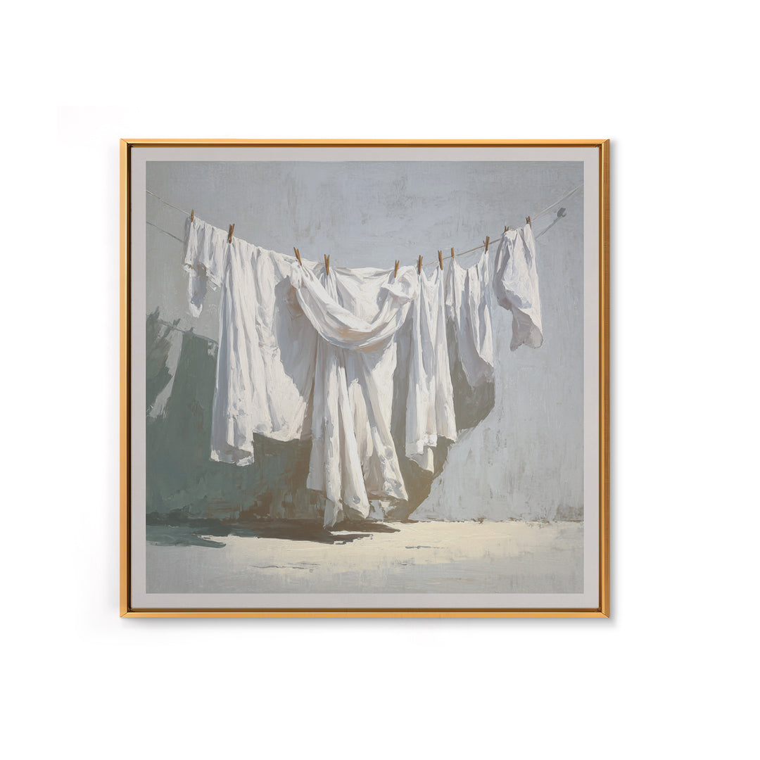 Clothesline with White Linens Blowing in Sunshine Canvas Print, Laundry Room Art, Rustic Home Decor, Living Room Decor, Clean, LRA-1x1-1