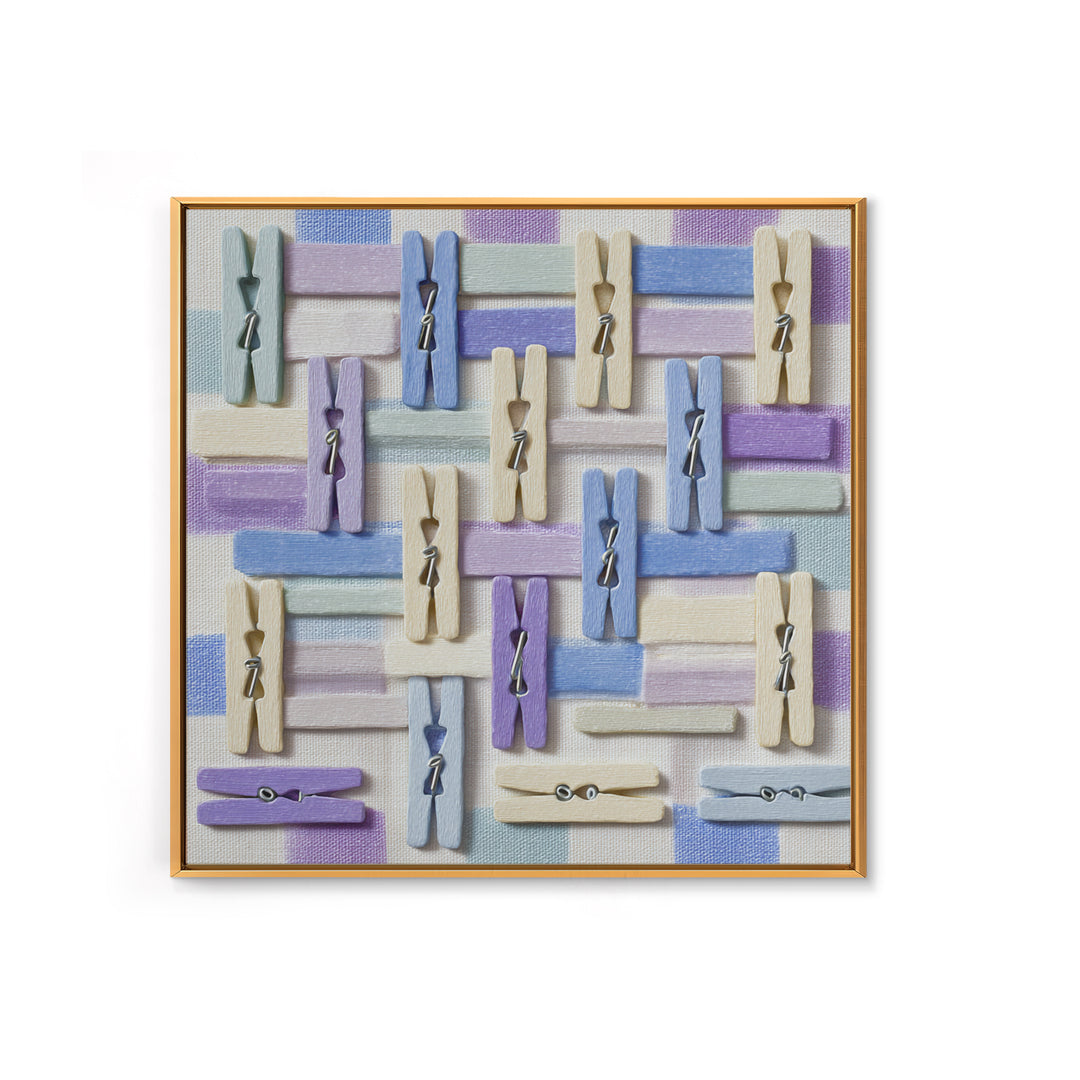 Cheerful Clothespins Arranged as Pattern Framed Canvas Print, Laundry Room Art, Funny Poster, Living Room Decor, Watercolor Art, LRA-1x1-100