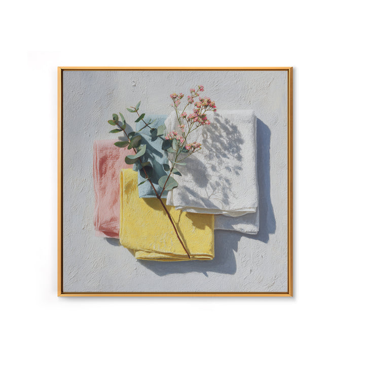 Sunlit White Towels and Eucalyptus Branch Canvas Print, Laundry Room Art, Farmhouse Decor, Living Room Decor, Clean, LRA-1x1-11