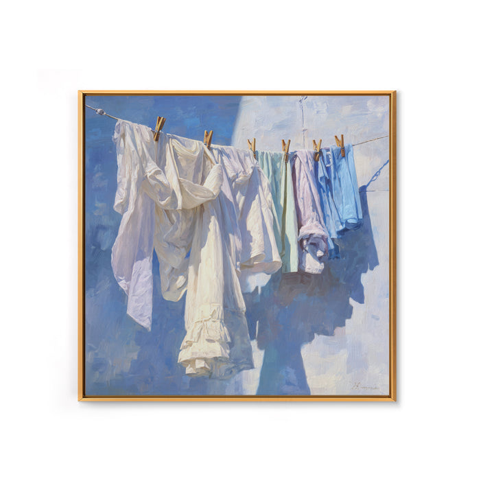 Clothesline with White Linens Blowing in Sunshine Canvas Print, Laundry Room Art, Modern Decor, Living Room Decor, Abstract Art, LRA-1x1-25