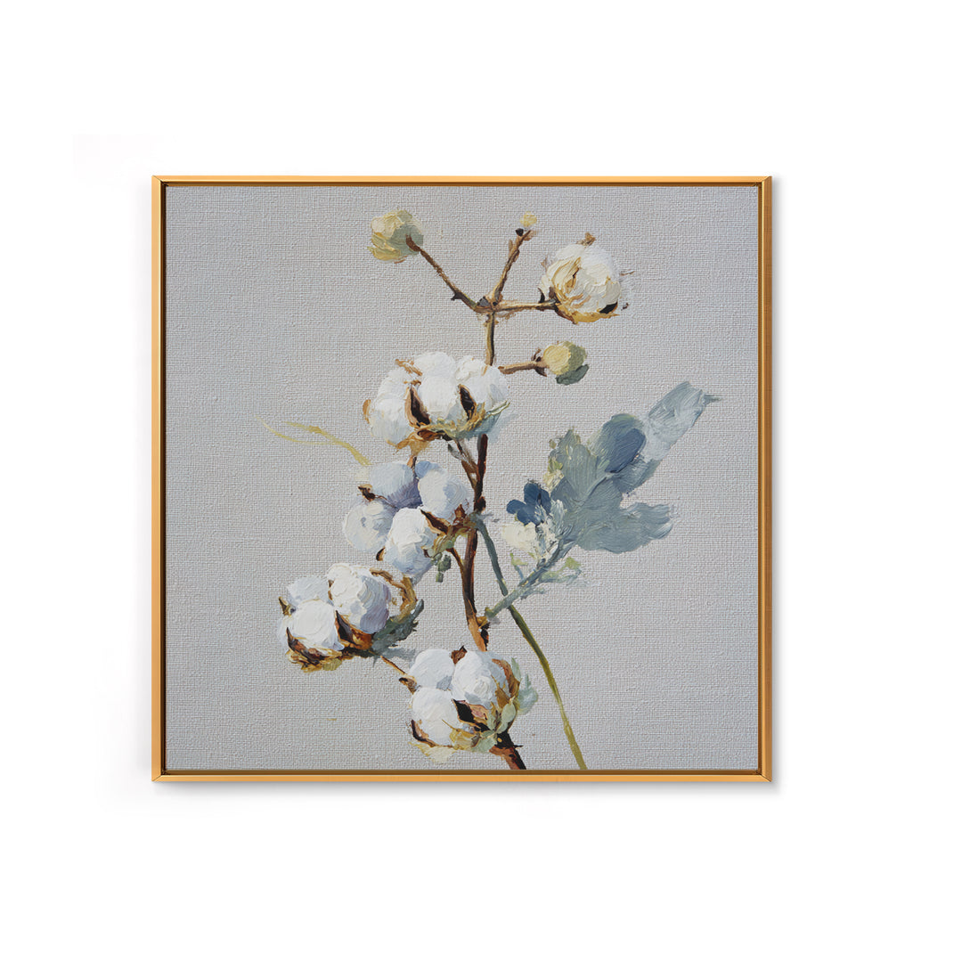 Fresh Cotton Branch Botanical Study Canvas Print, Laundry Room Art, Retro Wall Art, Living Room Decor, Watercolor Art, Clean, LRA-1x1-31