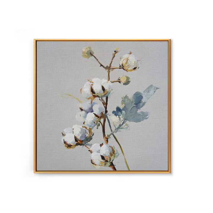 Fresh Cotton Branch Botanical Study Canvas Print, Laundry Room Art, Retro Wall Art, Living Room Decor, Watercolor Art, Clean, LRA-1x1-31