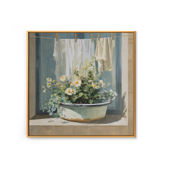 Old Enamel Basin Filled Framed Canvas Print, Laundry Room Art, Gallery Decor, Living Room Decor, Fine Art, Clean, LRA-1x1-32