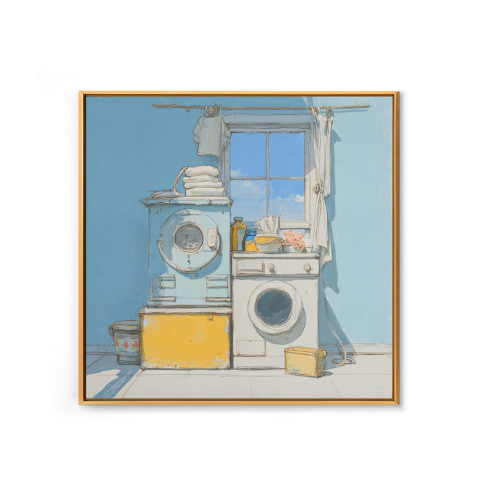 Retro Iron Illustration Framed Canvas Print, Laundry Room Art, Statement Artwork, Living Room Decor, Abstract Art, Clean, LRA-1x1-33