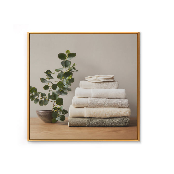 Sunlit White Towels and Eucalyptus Branch Canvas Print, Laundry Room Art, Farmhouse Wall Decor, Living Room Decor, LRA-1x1-35