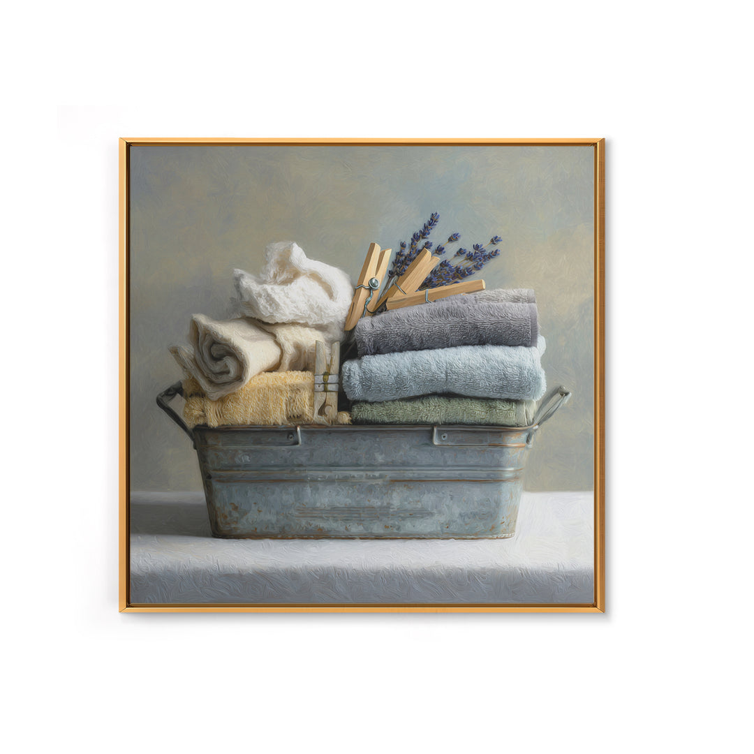Basket of Folded Towels Framed Canvas Print, Laundry Room Art, Rustic Home Decor, Living Room Decor, Fine Art, Clean, LRA-1x1-38