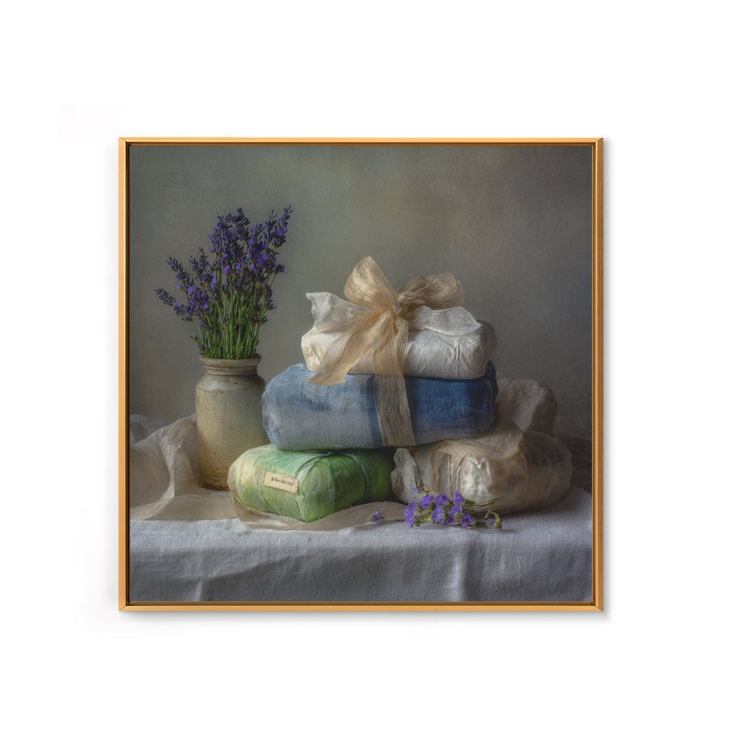 Lavender Sachet and Ribbon Still Life Framed Canvas Print, Laundry Room Art, Gallery Decor, Living Room Decor, Fine Art, Clean, LRA-1x1-41