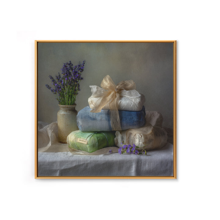 Lavender Sachet and Ribbon Still Life Framed Canvas Print, Laundry Room Art, Gallery Decor, Living Room Decor, Fine Art, Clean, LRA-1x1-41