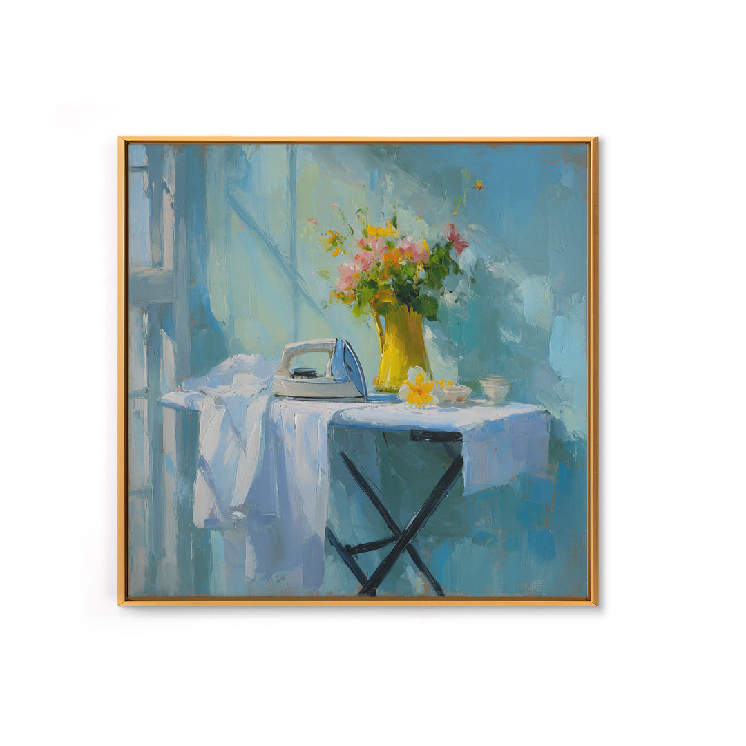 Ironing Board Still Life Framed Canvas Print, Laundry Room Art, Living Room Decor, Oil Painting, Clean, Wall Art Print, LRA-1x1-48