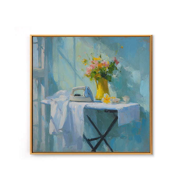 Ironing Board Still Life Framed Canvas Print, Laundry Room Art, Living Room Decor, Oil Painting, Clean, Wall Art Print, LRA-1x1-48