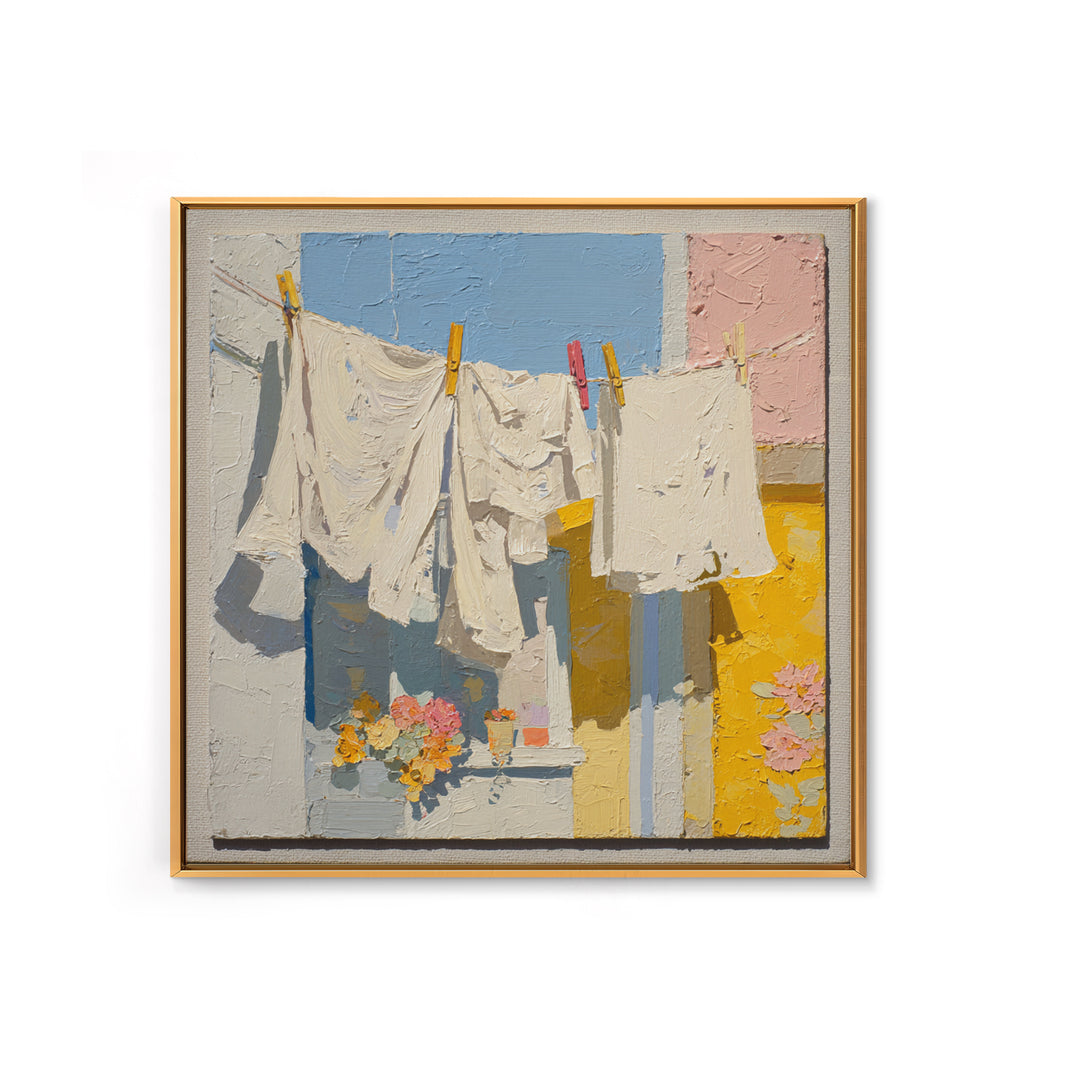 Clothesline with White Linens Blowing in Sunshine Canvas Print, Laundry Room Art, Modern Decor, Living Room Decor, Abstract Art, LRA-1x1-49