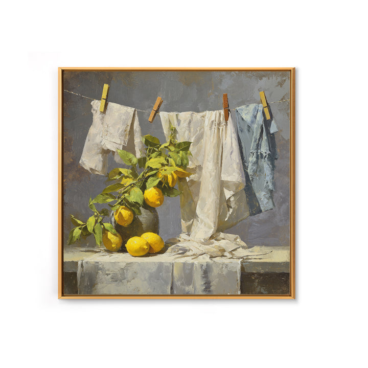 Lemon and Clean Linen Still Life Framed Canvas Print, Laundry Room Art, Rustic Home Decor, Living Room Decor, Abstract Art, LRA-1x1-51