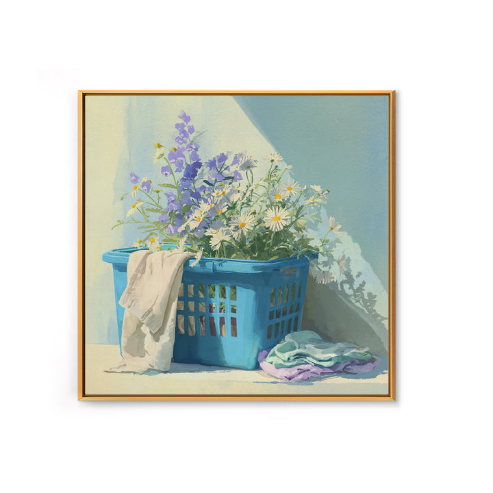 Blue Laundry Basket Framed Canvas Print, Laundry Room Art, Fine Art Print, Living Room Decor, Fine Art, Clean, Painting, LRA-1x1-53