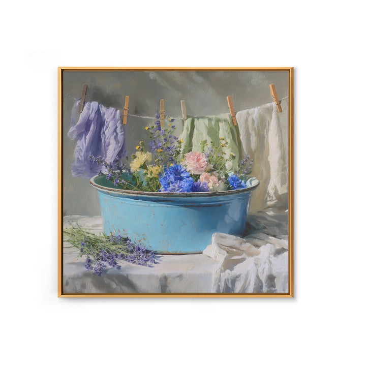 Old Enamel Basin Filled Framed Canvas Print, Laundry Room Art, Printable Art, Living Room Decor, Fine Art, Clean, Whimsical Art, LRA-1x1-56