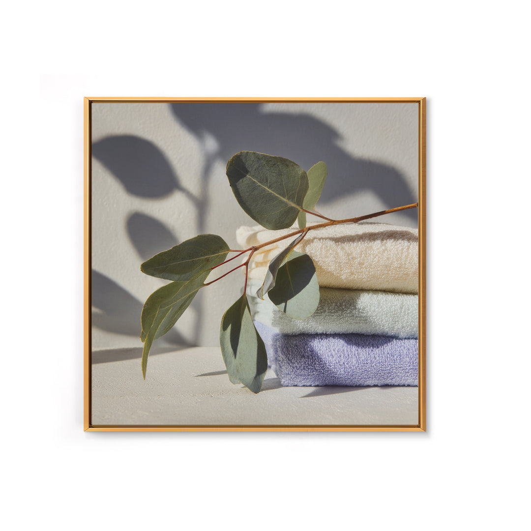 Sunlit White Towels and Eucalyptus Branch Canvas Print, Laundry Room Art, Digital Art Print, Living Room Decor, Fine Art, Clean, LRA-1x1-59