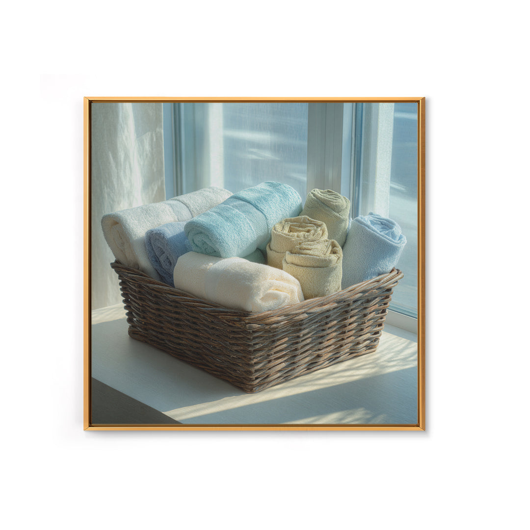 Basket of Folded Towels Framed Canvas Print, Laundry Room Art, Rustic Home Decor, Living Room Decor, Fine Art, Clean, LRA-1x1-62