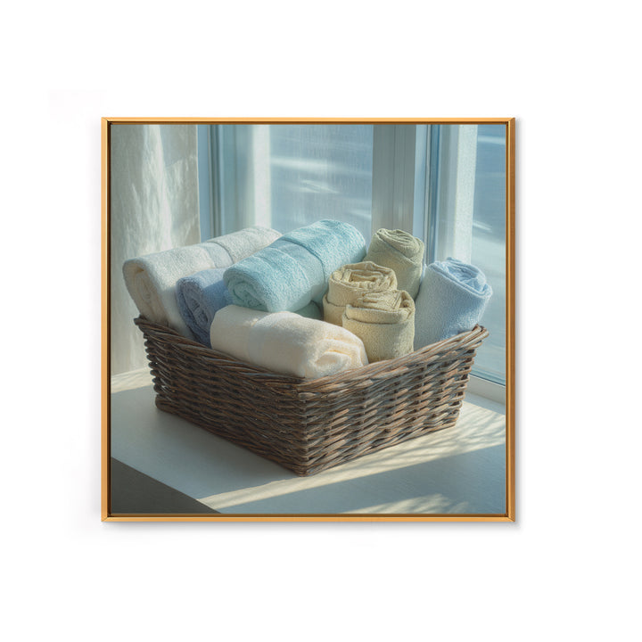 Basket of Folded Towels Framed Canvas Print, Laundry Room Art, Rustic Home Decor, Living Room Decor, Fine Art, Clean, LRA-1x1-62