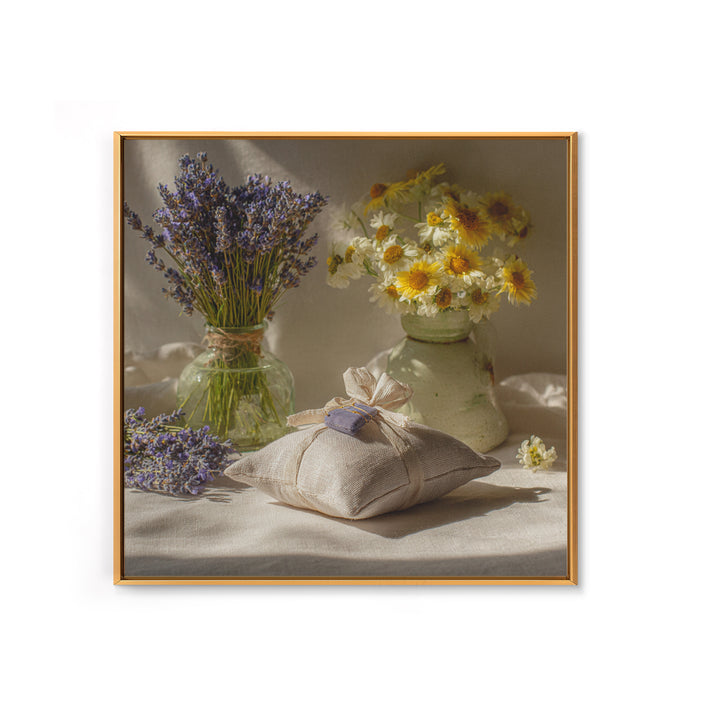 Lavender Sachet and Ribbon Still Life Framed Canvas Print, Laundry Room Art, Gallery Decor, Living Room Decor, Fine Art, Clean, LRA-1x1-65