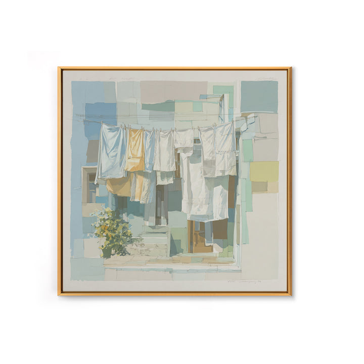 Simple Line Drawing of Hanging Laundry Framed Canvas Print, Laundry Room Art, Textured Painting, Living Room Decor, Clean, LRA-1x1-88