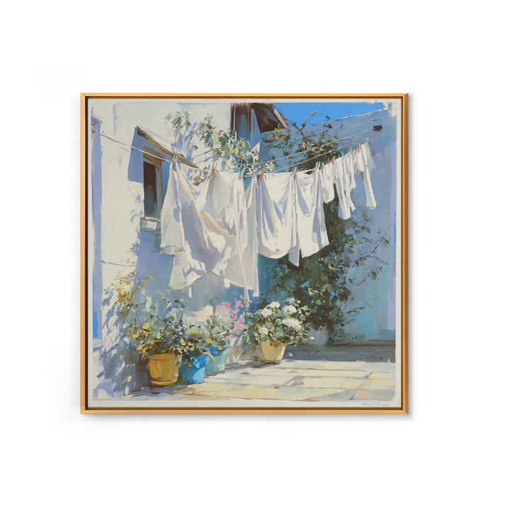 Clothesline with White Linens Blowing in Sunshine Canvas Print, Laundry Room Art, Home Decor, Living Room Decor, Clean, LRA-1x1-97