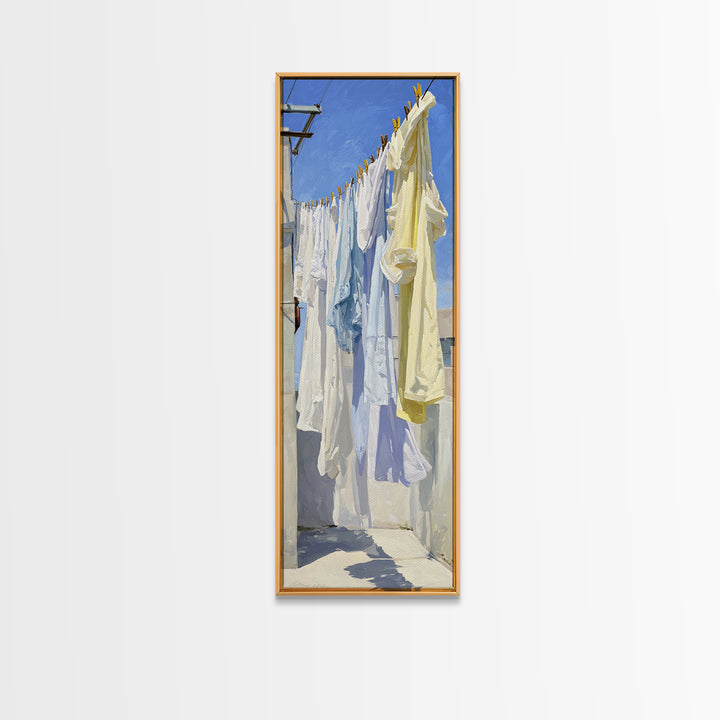 Clothesline with White Linens Blowing in Sunshine Canvas Print, Laundry Room Art, Statement Artwork, Living Room Decor, Clean, LRA-1x3-13