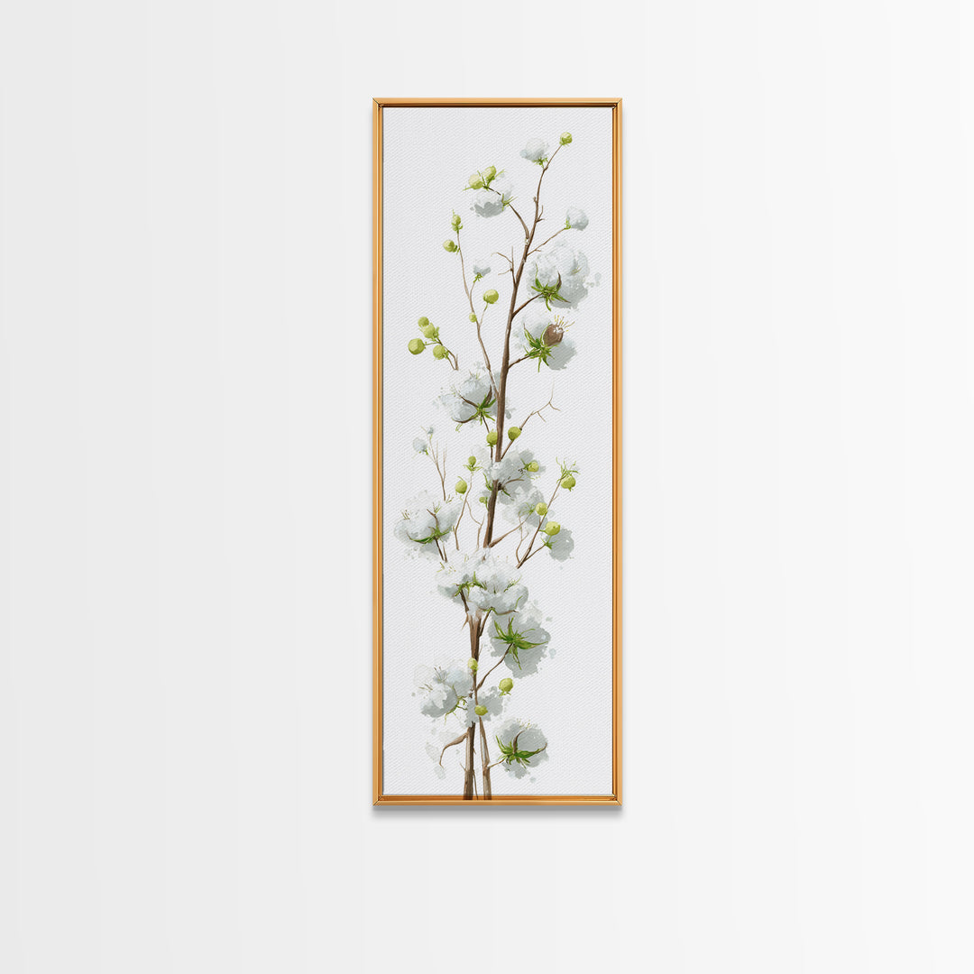 Fresh Cotton Branch Botanical Study Framed Canvas Print, Laundry Room Art, Painting, Living Room Decor, Oil Painting, Clean, LRA-1x3-19