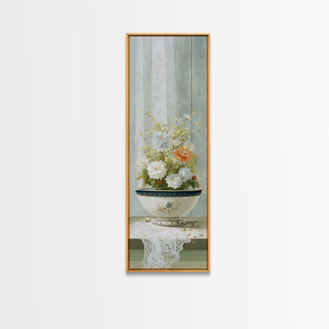 Old Enamel Basin Filled Framed Canvas Print, Laundry Room Art, Luxury Decor, Living Room Decor, Clean, Digital Wall Art, LRA-1x3-20
