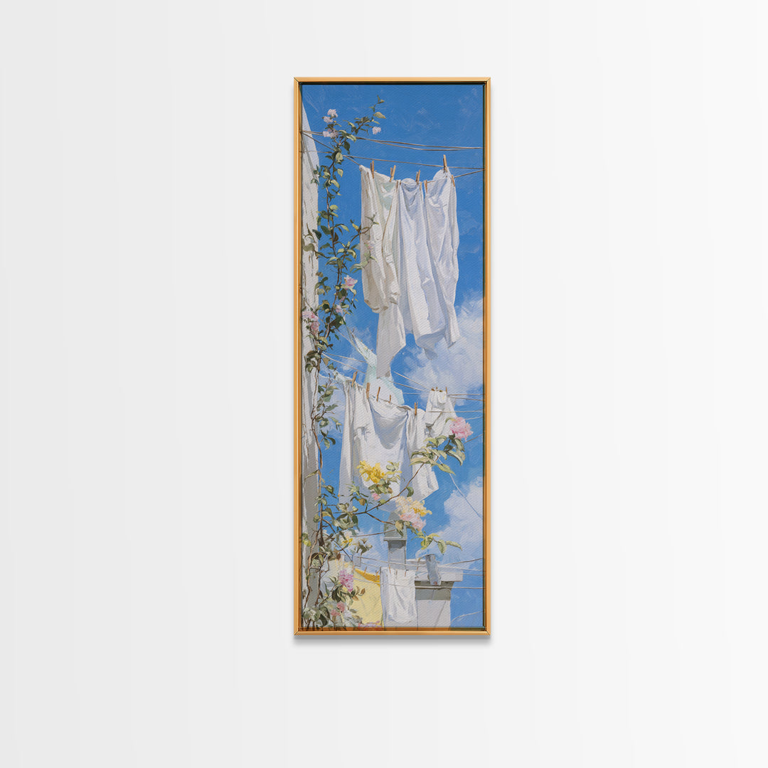 Clothesline with White Linens Blowing in Sunshine Canvas Print, Laundry Room Art, Statement Artwork, Living Room Decor, Clean, LRA-1x3-37