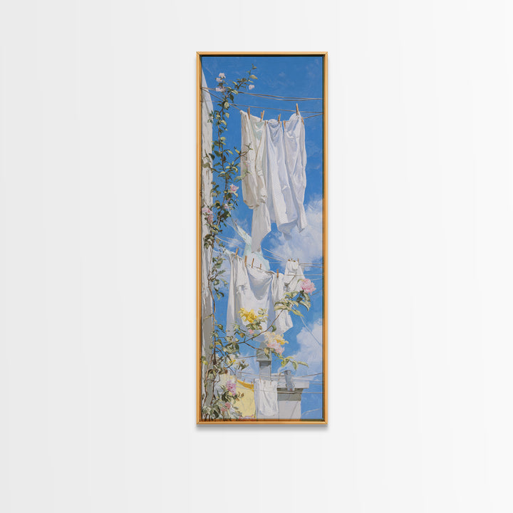 Clothesline with White Linens Blowing in Sunshine Canvas Print, Laundry Room Art, Statement Artwork, Living Room Decor, Clean, LRA-1x3-37