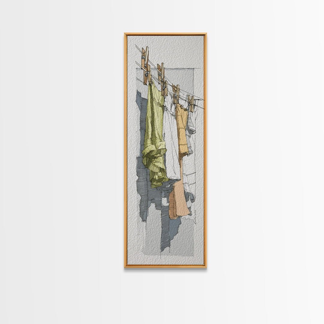 Simple Line Drawing of Hanging Laundry Framed Canvas Print, Laundry Room Art, Fine Art Print, Living Room Decor, Clean, LRA-1x3-4