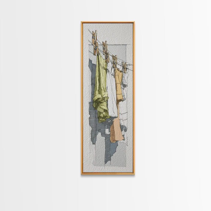 Simple Line Drawing of Hanging Laundry Framed Canvas Print, Laundry Room Art, Fine Art Print, Living Room Decor, Clean, LRA-1x3-4