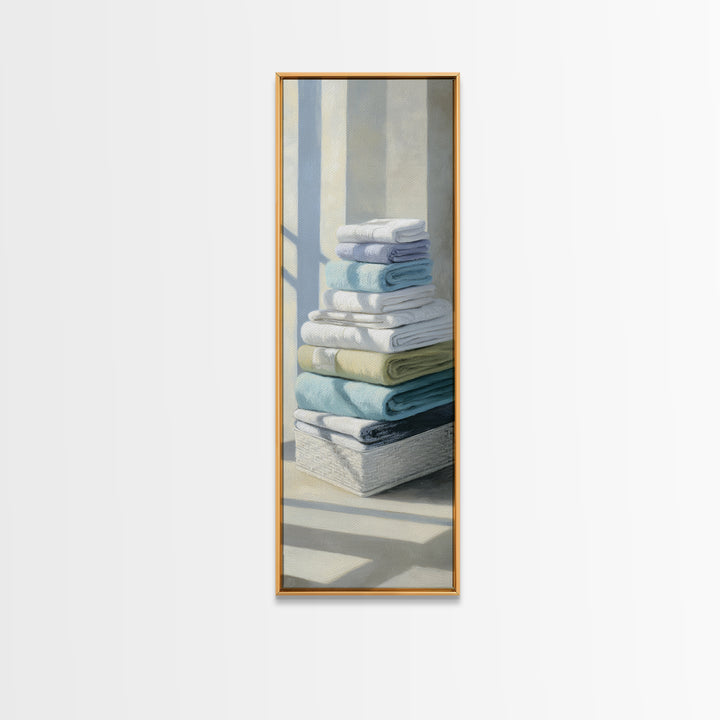 Basket of Folded Towels Framed Canvas Print, Laundry Room Art, Digital Art Print, Living Room Decor, Fine Art, Clean, LRA-1x3-50