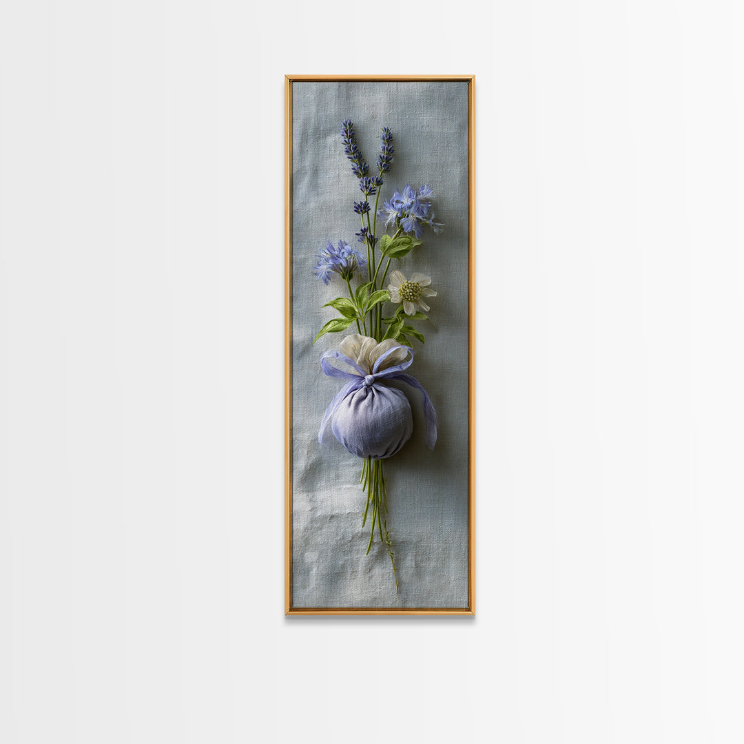 Lavender Sachet and Ribbon Still Life Framed Canvas Print, Laundry Room Art, Modern Decor, Living Room Decor, Fine Art, Clean, LRA-1x3-53