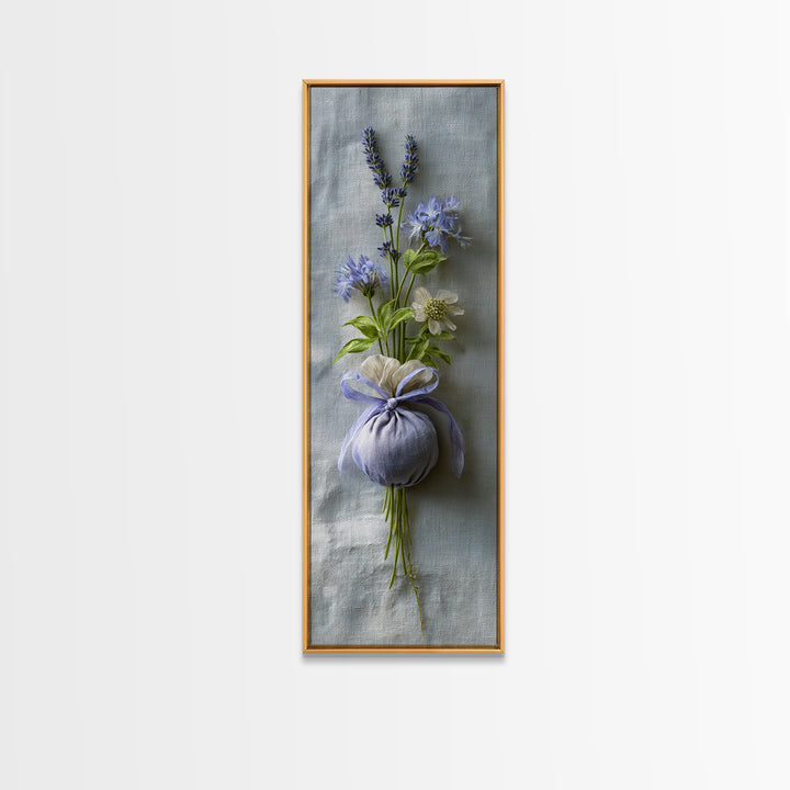Lavender Sachet and Ribbon Still Life Framed Canvas Print, Laundry Room Art, Modern Decor, Living Room Decor, Fine Art, Clean, LRA-1x3-53