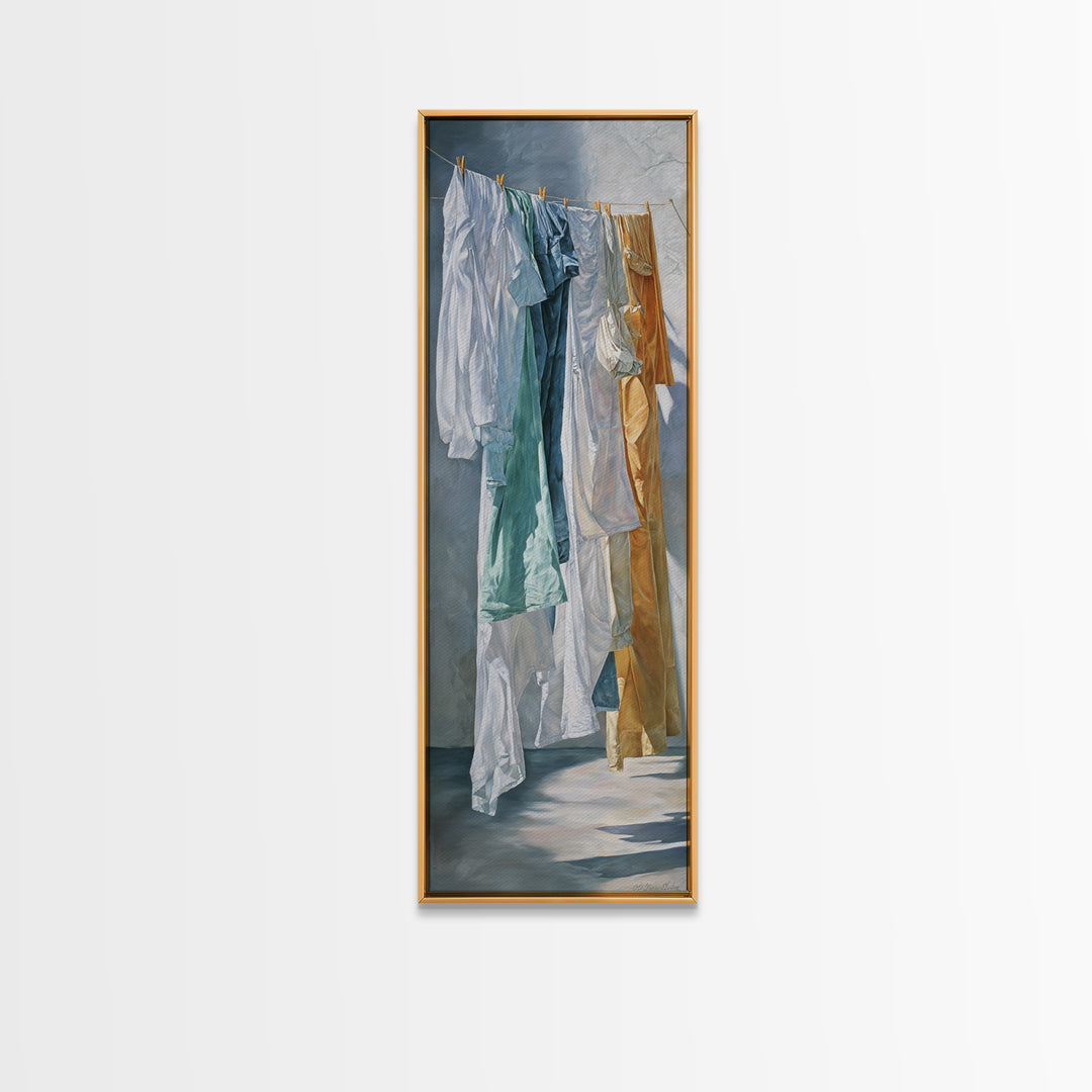 Clothesline with White Linens Blowing in Sunshine Canvas Print, Laundry Room Art, Textured Painting, Living Room Decor, Clean, LRA-1x3-61