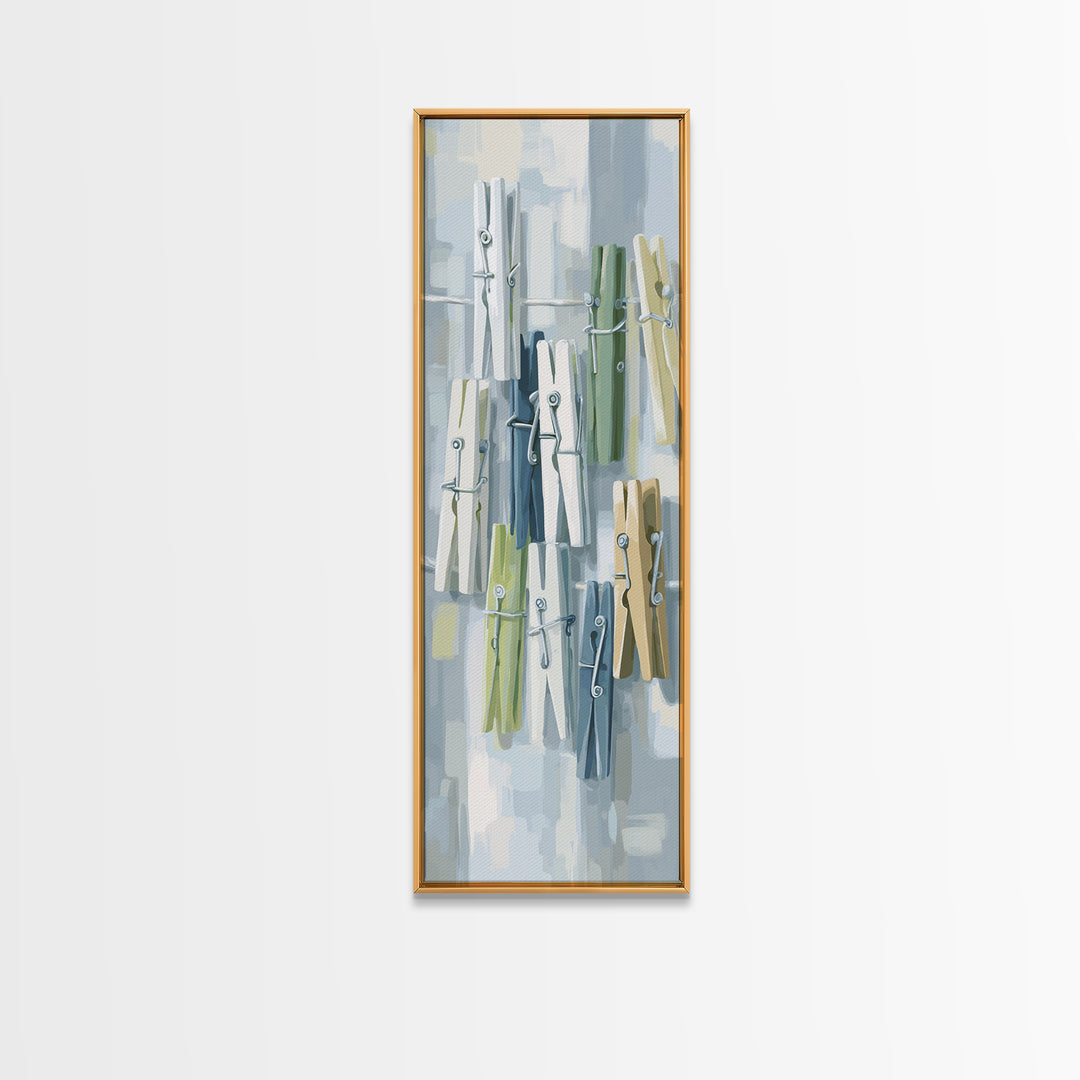 Cheerful Clothespins Arranged as Pattern Framed Canvas Print, Laundry Room Art, Printable Art, Living Room Decor, Clean, LRA-1x3-64