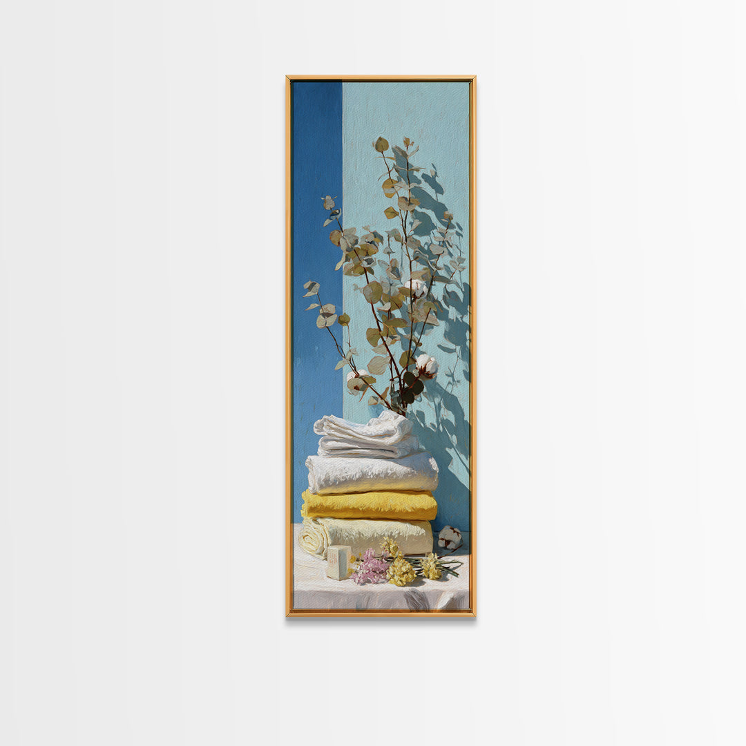 Sunlit White Towels and Eucalyptus Branch Framed Canvas Print, Laundry Room Art, Custom Wall Art, Living Room Decor, Clean, LRA-1x3-71