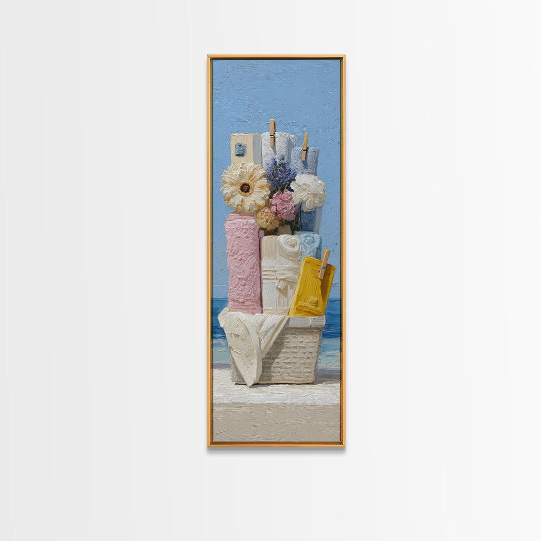 Basket of Folded Towels Framed Canvas Print, Laundry Room Art, Digital Art Print, Living Room Decor, Fine Art, Clean, LRA-1x3-74