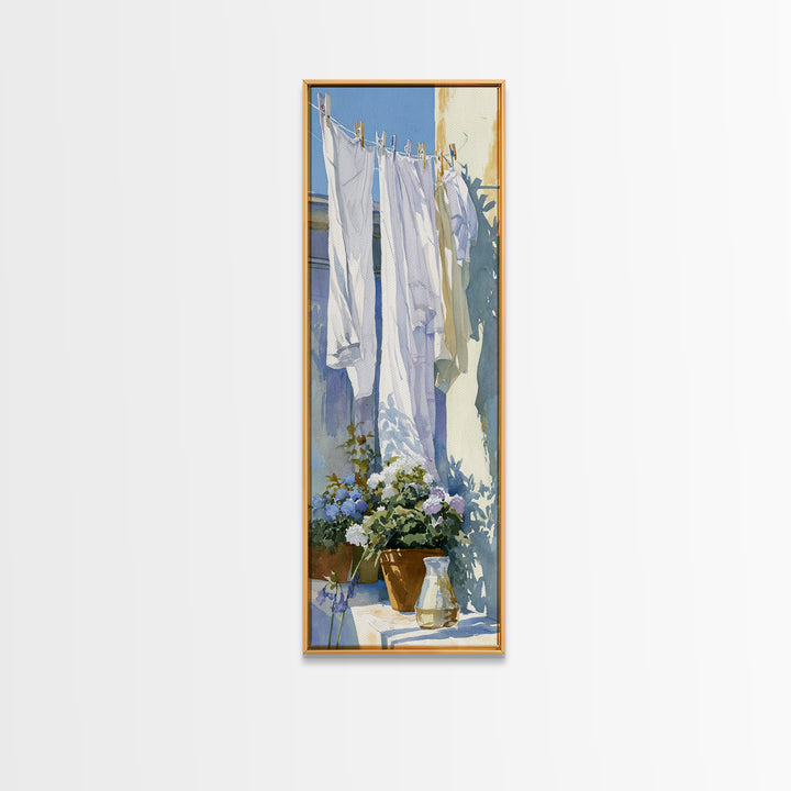 Clothesline with White Linens Blowing in Sunshine Canvas Print, Laundry Room Art, Living Room Decor, Abstract Art, Clean, LRA-1x3-85